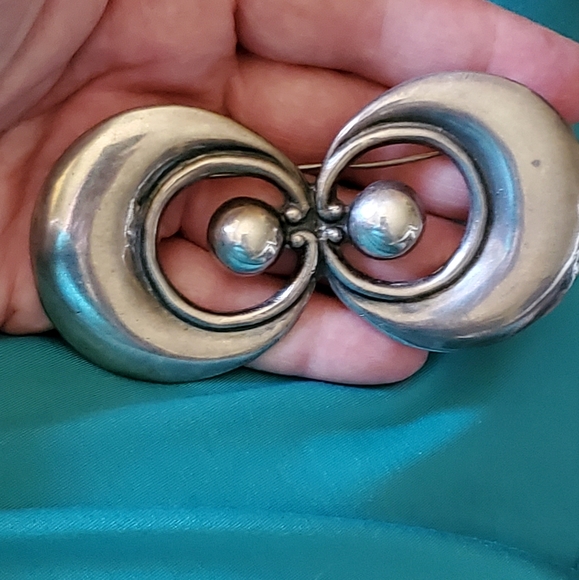 Early Los Castillos Sterling Double Sphere and Crescent Brooch and Earring Set - Picture 3 of 11